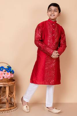 embroidery and sequins work dupion silk kurta and cotton pajama set for boys 3