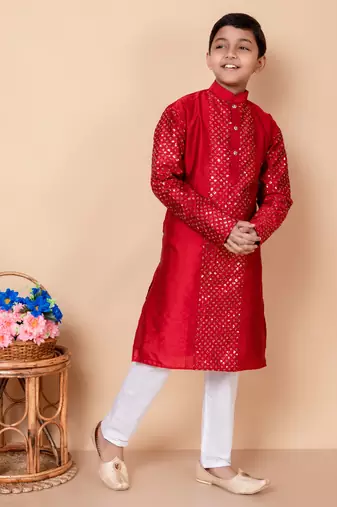 embroidery and sequins work dupion silk kurta and cotton pajama set for boys