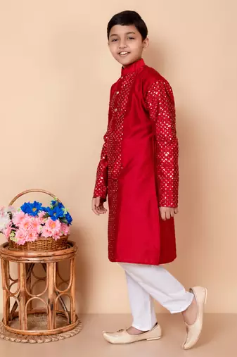 embroidery and sequins work dupion silk kurta and cotton pajama set for boys