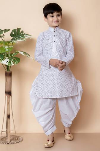 White embroidery and sequins work cotton kurta and cotton patiyala set for boys