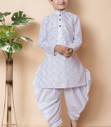 White embroidery and sequins work cotton kurta and cotton patiyala set for boys