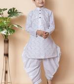 White embroidery and sequins work cotton kurta and cotton patiyala set for boys