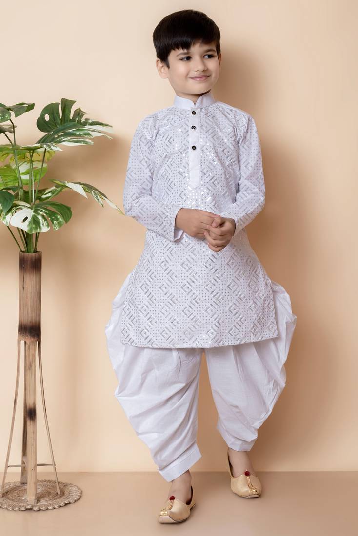 White embroidery and sequins work cotton kurta and cotton patiyala set for boys