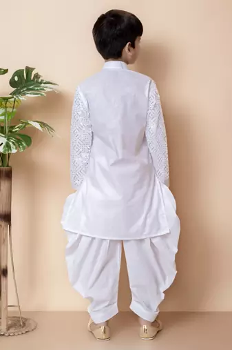 White embroidery and sequins work cotton kurta and cotton patiyala set for boys