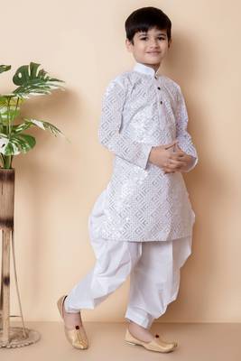 White embroidery and sequins work cotton kurta and cotton patiyala set for boys 3