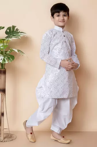 White embroidery and sequins work cotton kurta and cotton patiyala set for boys