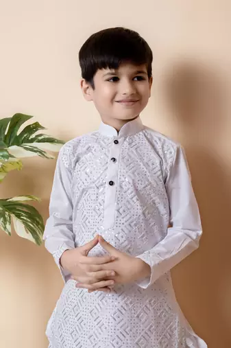 White embroidery and sequins work cotton kurta and cotton patiyala set for boys