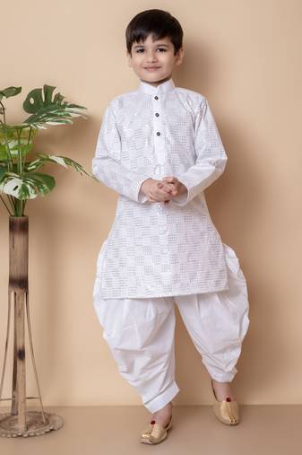 WHITE embroidery and sequins work cotton kurta and cotton patiyala set for boys