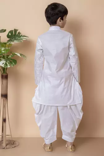 WHITE embroidery and sequins work cotton kurta and cotton patiyala set for boys