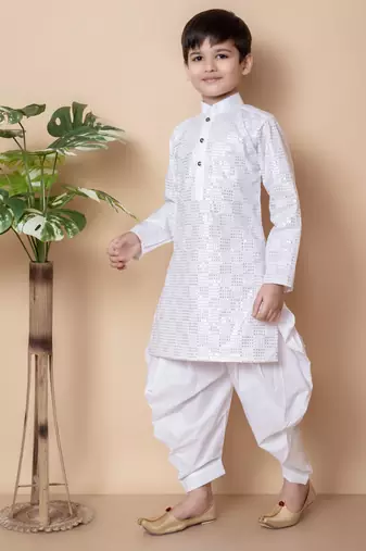 WHITE embroidery and sequins work cotton kurta and cotton patiyala set for boys
