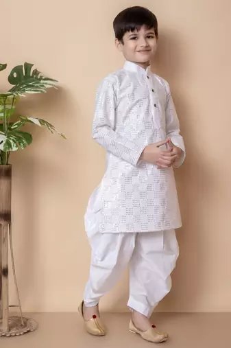 WHITE embroidery and sequins work cotton kurta and cotton patiyala set for boys
