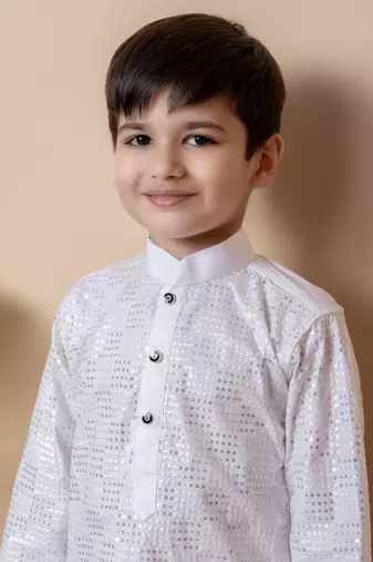 WHITE embroidery and sequins work cotton kurta and cotton patiyala set for boys