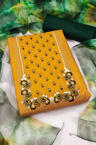 Yellow silk blend Hand Work Unstitched Dress Material