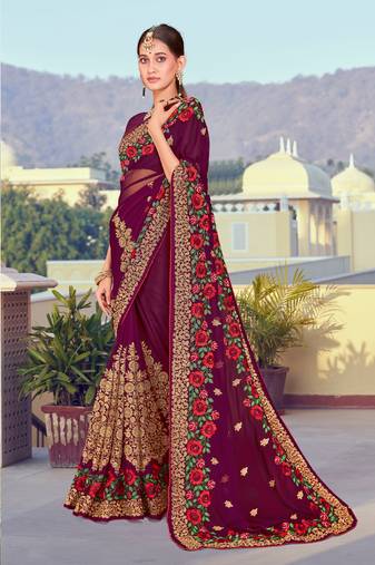 Purple Resham Zari Embroidery Georgette Saree