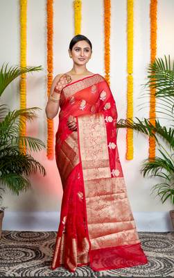 Red organza silk saree with zari border and floral motifs 1