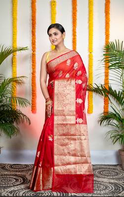 Red organza silk saree with zari border and floral motifs 2