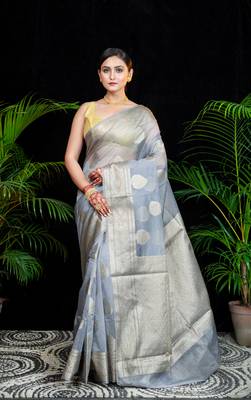 Grey organza silk saree with zari border and leaf motifs 1