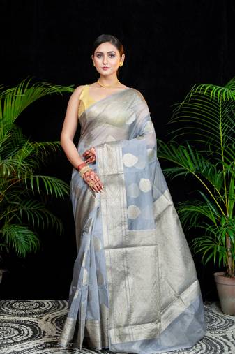 Grey organza silk saree with zari border and leaf motifs