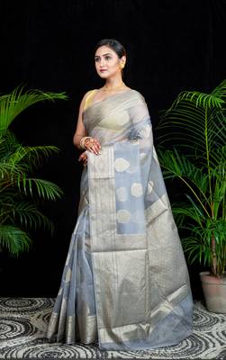 Grey organza silk saree with zari border and leaf motifs 2