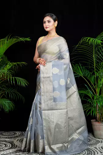 Grey organza silk saree with zari border and leaf motifs