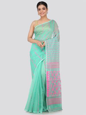 Green Hand Woven Pure Cotton Saree Without Blouse 1
