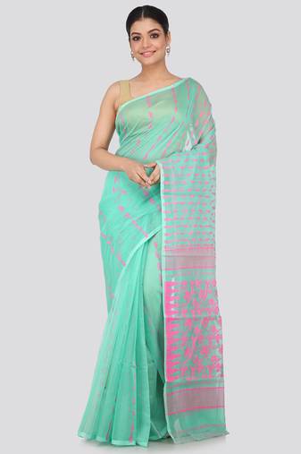 Green Hand Woven Pure Cotton Saree Without Blouse