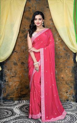 Pink embroidered crepe saree with embroidered lace border 1