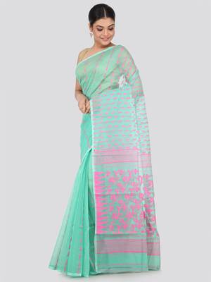 Green Hand Woven Pure Cotton Saree Without Blouse 2