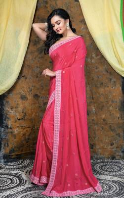 Pink embroidered crepe saree with embroidered lace border 2