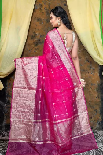 Pink organza saree with square motifs and ambi jaal border