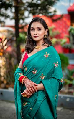 Green embroidered habutai silk saree with stone work 1
