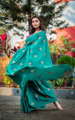 Green embroidered habutai silk saree with stone work 2