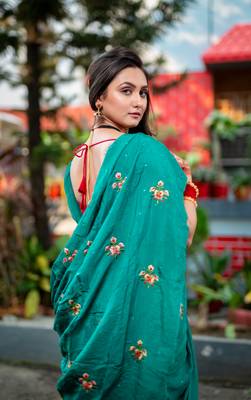 Green embroidered habutai silk saree with stone work 3