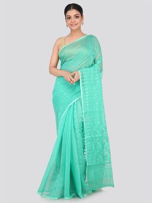 Green Hand Woven Pure Cotton Saree Without Blouse 1