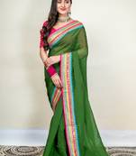 Moss green organza saree with multicolor border