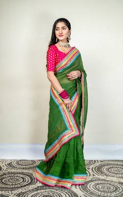 Moss green organza saree with multicolor border 2