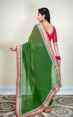 Moss green organza saree with multicolor border 3