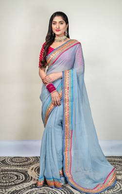 Grey organza saree with multicolor border 1