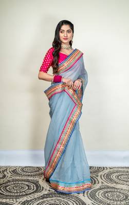 Grey organza saree with multicolor border 2