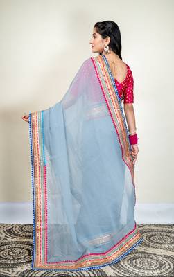 Grey organza saree with multicolor border 3