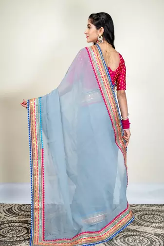 Grey organza saree with multicolor border
