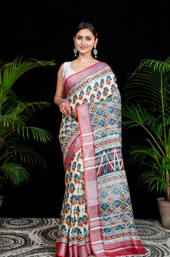 Bianca linen digital printed saree in beige color
