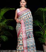 Bianca linen digital printed saree in beige color