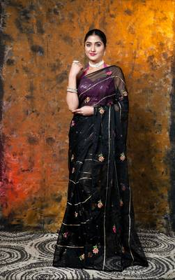 Black embroidered organza saree with gota work 1
