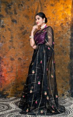 Black embroidered organza saree with gota work 2