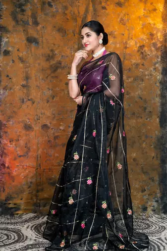 Black embroidered organza saree with gota work