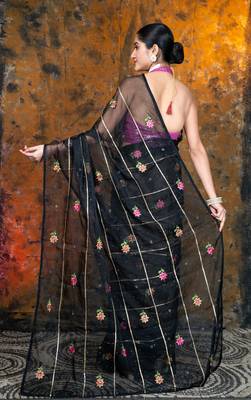 Black embroidered organza saree with gota work 3