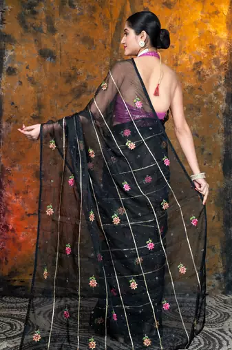 Black embroidered organza saree with gota work