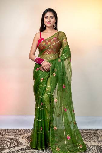 Pine green embroidered organza saree with gota work