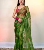 Pine green embroidered organza saree with gota work